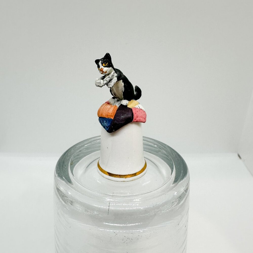 Vintage Cat Kitten Thimble Porcelain Pewter Mini Sculpture Collection Tuxedo